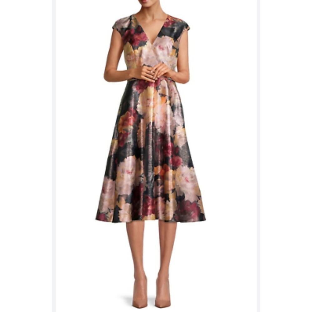 Aidan Mattox Black V-Neck Cap Sleeve Floral Dress NWT Size 10